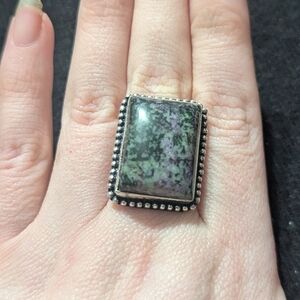 Silver Plated Green Ruby Fuchsite Gemstone Rectangle Statement Ring - Size 8.25